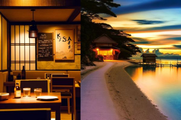 a japanese restaurant on the left and a view of th beach on the right