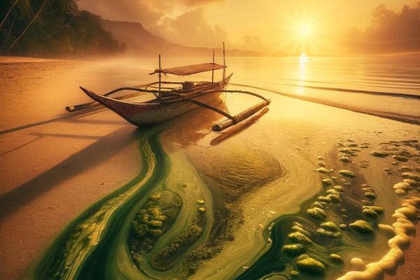 a boat on the ocean revealing algal bloom in the sunset