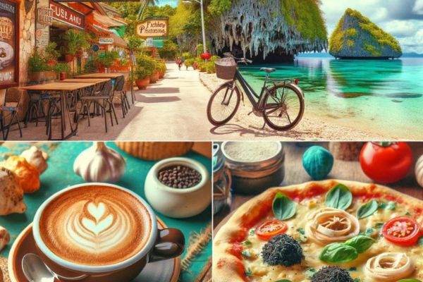 a bicycle and an italian restaurant on a beach at the top, a cup of coffee with a heart shaped foam on the lower left and a pizza on the lower right