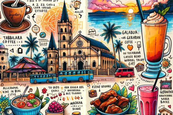 a cathedral in the middle surrounded by food, drinks,fruits,and a beach on the upper right corner