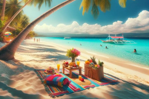 picnic in a whitesand beach infront of a turquoise green sea under the blue sky with some white clouds