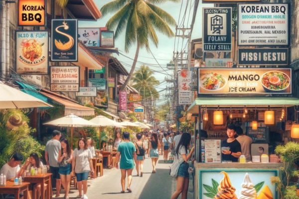 people walking on the road and eating on the road side with a lot of restaurants