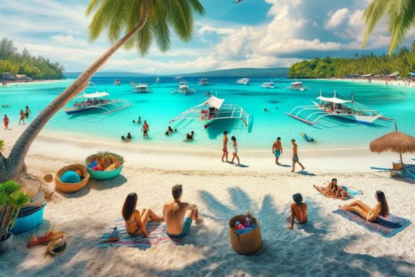 white sand beach with people relaxing looking at the turqoise green ocean with a number of small boats all under the blue sky